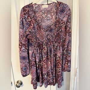 MELLODAY Purple Paisley Boho Long Sleeve Tunic Buttoned Smocked Shirt